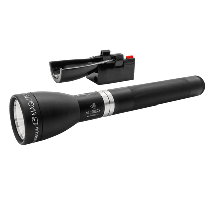 Mag Charger accessory attached to the flashlight with a red switch visible