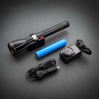 Mag Charger rechargeable flashlight with knurled grip and red switch, pictured with a blue battery and charger.