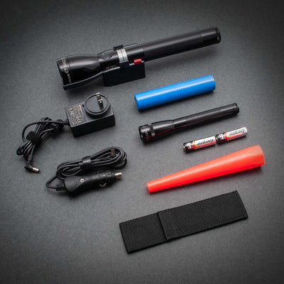 Maglite ML150LR rechargeable flashlight, charging cradle, battery, 120V and 12V converter, Mini Maglite® Pro AA LED flashlight NOW WITH NEW ECO MODE FEATURE, JUST TWO QUICK TWISTS TO ACTIVATE, AA batteries, AA holster, red safety wand for the ML150LR. 