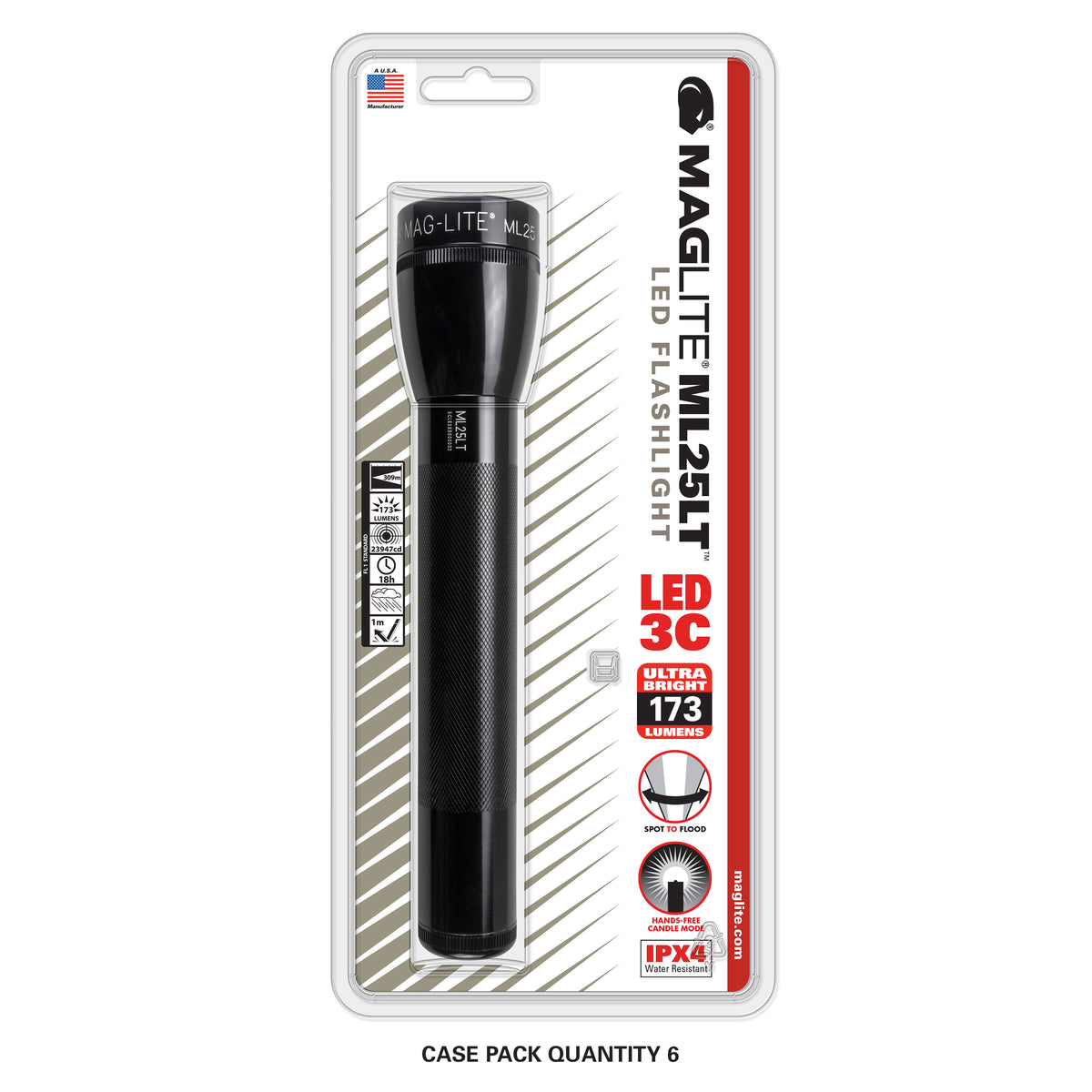 ML25LT LED 3-Cell C flashlight in clear blister packaging with case pack quantity 6