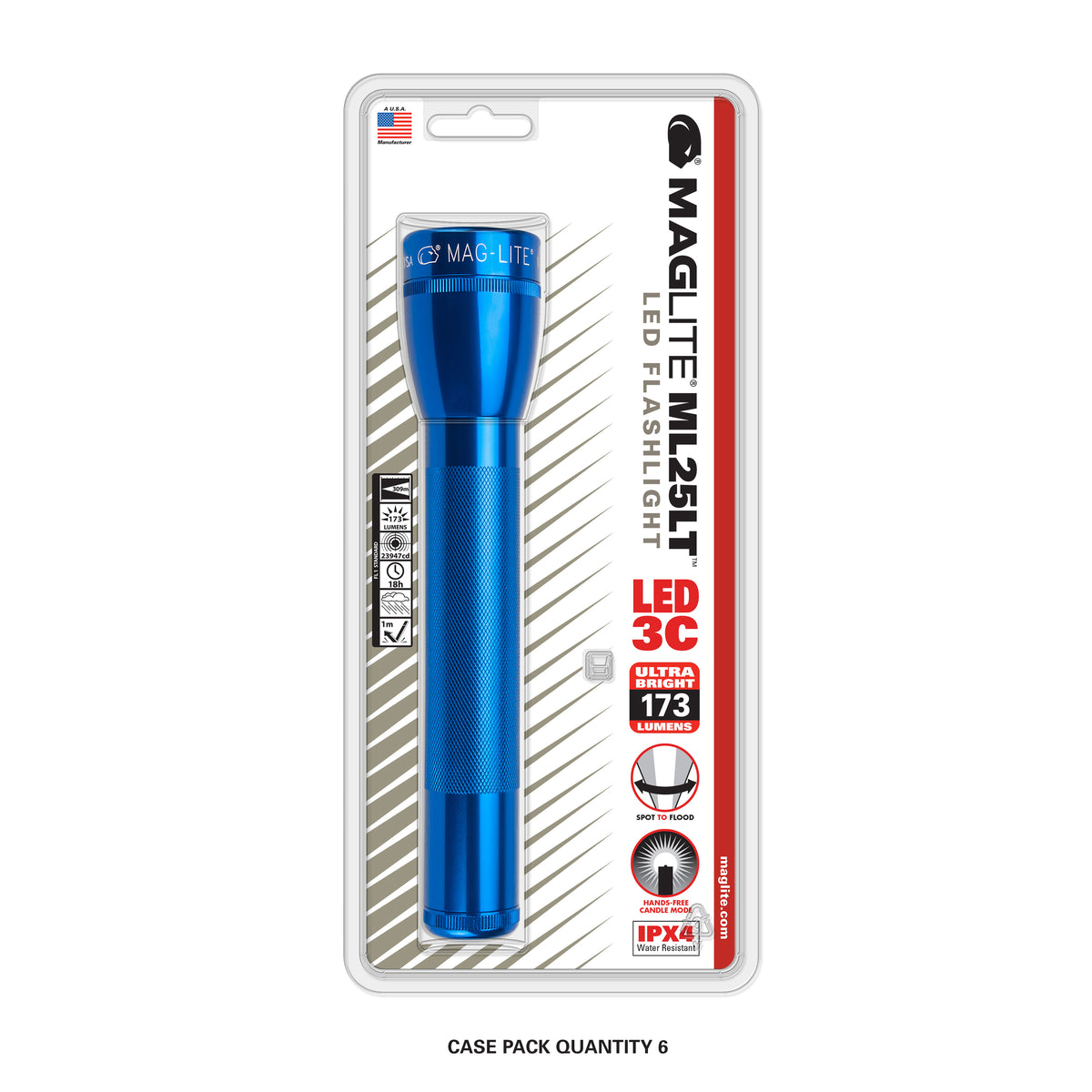 Blue ML25LT LED 3-Cell C flashlight in clear blister packaging with case pack quantity 6