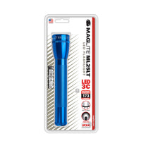 ML25LT LED 3-Cell C flashlight in clear blister packaging with a blue anodized body.