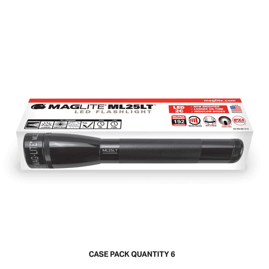 Black Maglite ML25LT LED 2-Cell C flashlight beside a white box showing case pack quantity 6