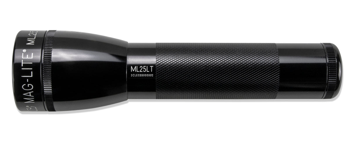 Close up of black Maglite ML25LT LED flashlight showing knurled grip and ML25LT engraving on the barrel
