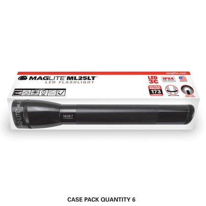 Maglite ML25LT LED 3-Cell C flashlight packaging showing case pack quantity 6