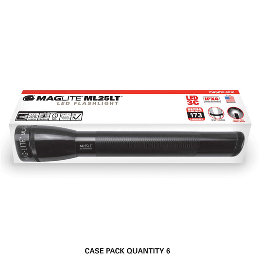 Maglite ML25LT LED 3-Cell C flashlight packaging showing case pack quantity 6