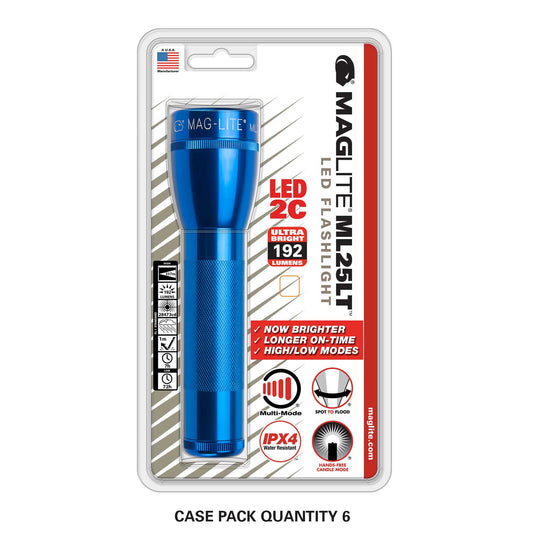 Blue Mag-Lite ML25LT LED flashlight in blister packaging with C cell size