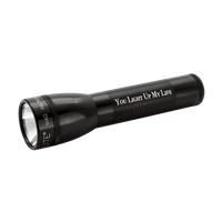 Black ML25LT LED two cell C flashlight lit against a dark background
