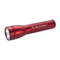 Red two cell C flashlight with bright LED beam against a dark background