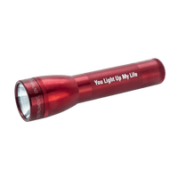 Red ML25LT LED flashlight with You Light Up My Life printed on its textured body