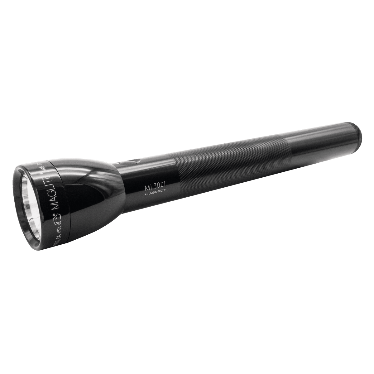Close up of the black ML300L flashlight head and knurled body against a green background