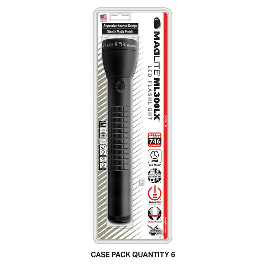 ML300LX LED 3-Cell D flashlight in blister packaging with aggressive knurled grip and branding