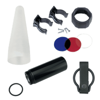 ML300L accessory bundle including diffuser cone mounting clips large threaded ring color filters screws and wrist strap.