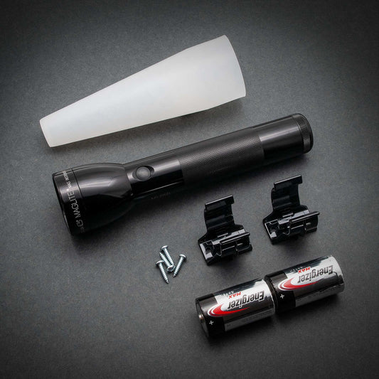 Maglite ML300L LED flashlight with mounting brackets screws and Energizer AA batteries on a dark textured background