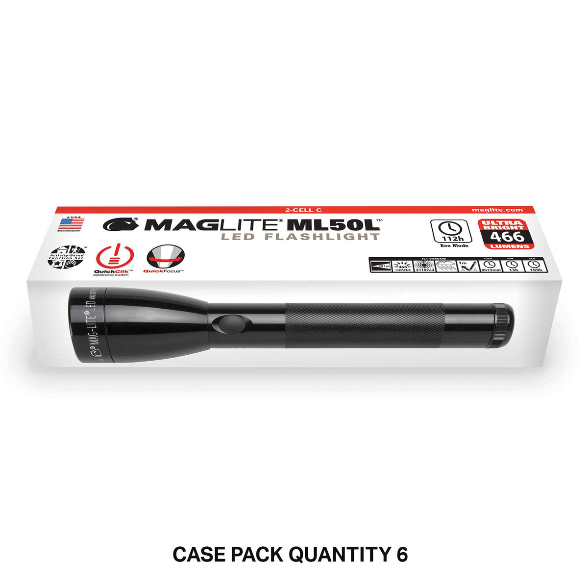 ML50L LED 2-Cell C Maglite flashlight packaging on a white background.