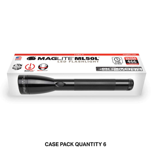 ML50L LED 2-Cell C Maglite flashlight packaging on a white background.