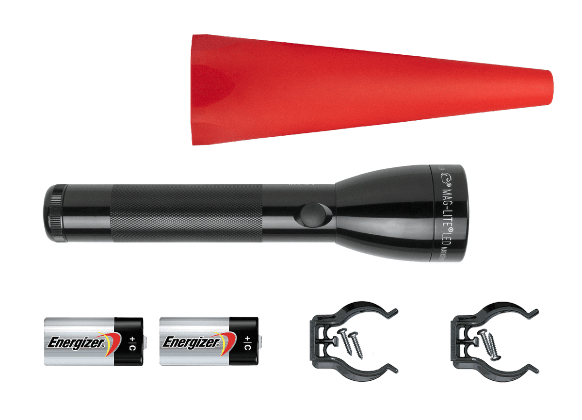 Maglite ML50L LED flashlight with a red safety cone, two Energizer batteries, and mounting clamps.