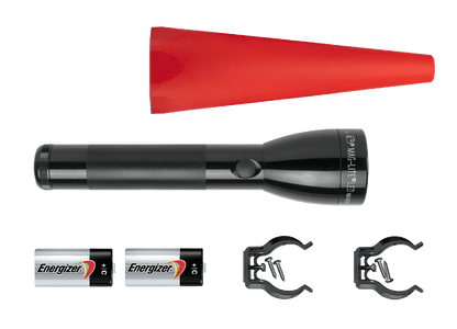 Maglite ML50L LED flashlight with a red safety cone, two Energizer batteries, and mounting clamps.