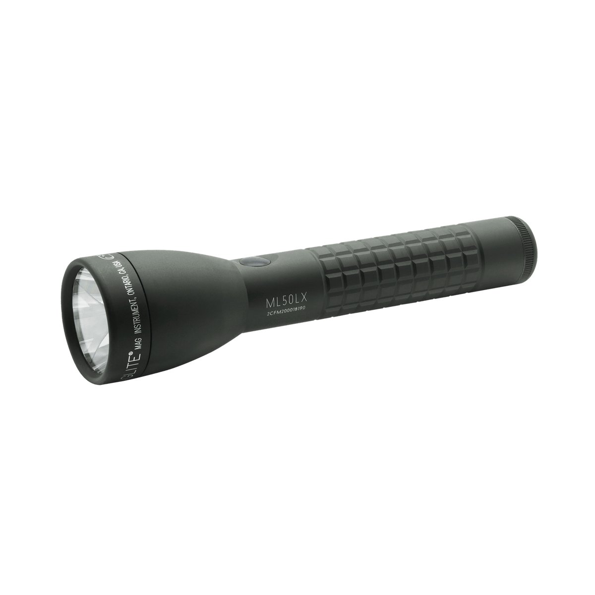 ML50LX LED 2-Cell C flashlight in gray viewed from the side with textured ribbed grip