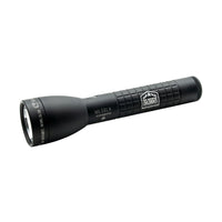 Black ML50LX LED 2-Cell C flashlight with First Responders Children's Foundation patch on the body
