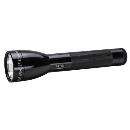 Black Maglite ML50L LED 2-Cell C flashlight with knurled grip shown horizontally.
