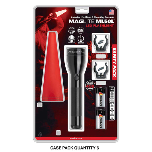 Maglite ML50L LED flashlight safety pack packaging showing the flashlight, batteries and mounting hardware