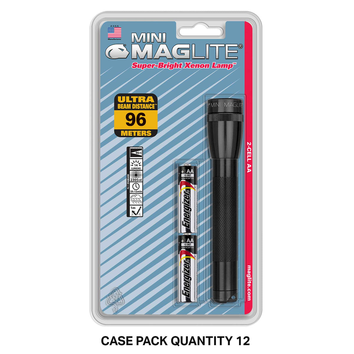 Mini Maglite Xenon 2AA packaging with blue label and black flashlight visible.