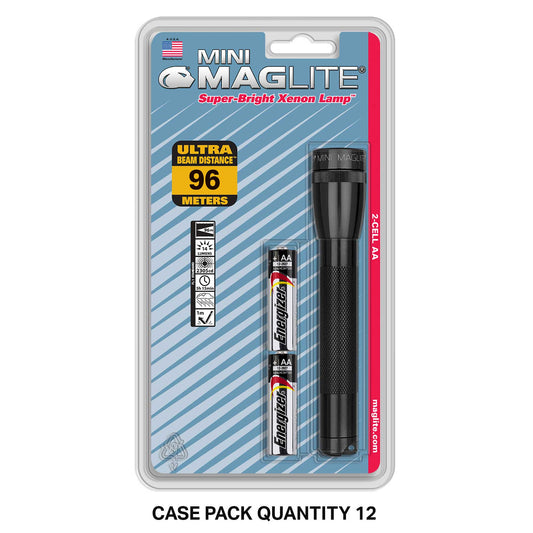 Mini Maglite Xenon 2AA packaging with blue label and black flashlight visible.