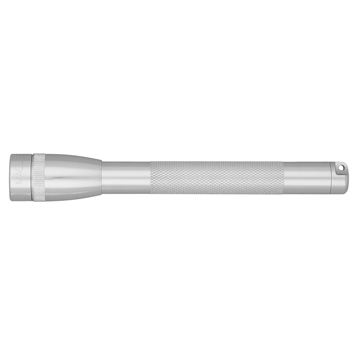 Blue Mini Maglite 2AAA Classic flashlight with textured grip laid horizontally