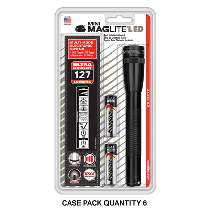 Mini Maglite LED flashlight holster pack with black belt holster and batteries in packaging