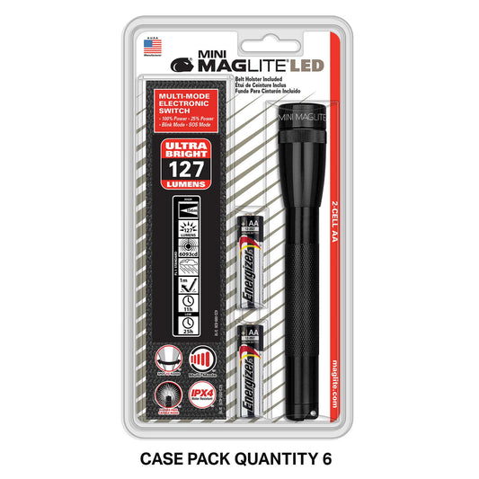 Mini Maglite LED flashlight holster pack with black belt holster and batteries in packaging