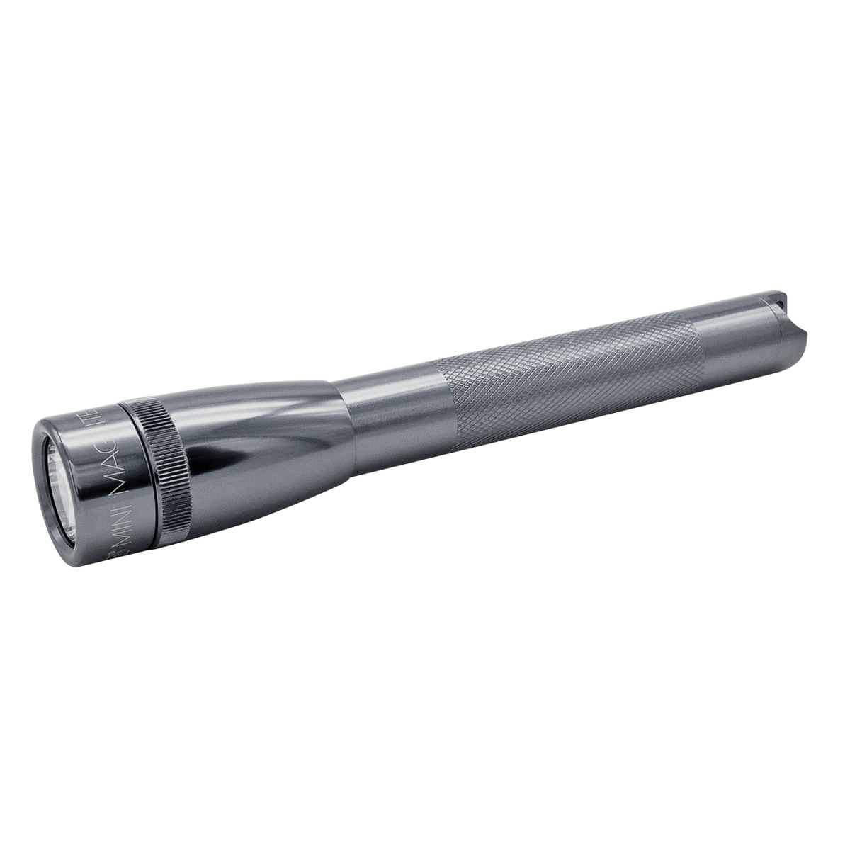 Mini Maglite Pro LED pocket flashlight in gunmetal gray with knurled grip