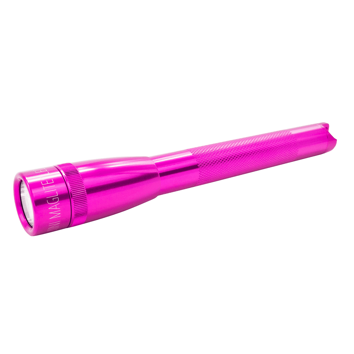 Vivid pink Maglite Pro LED pocket flashlight with knurled grip close up