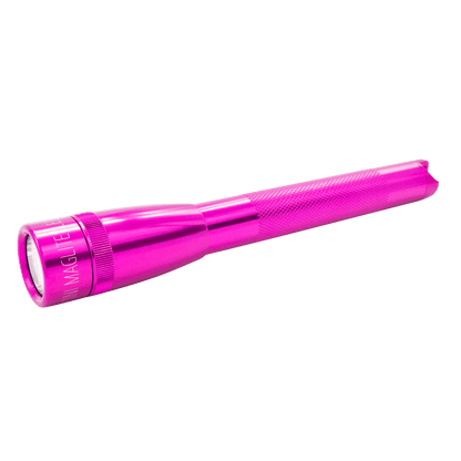 Vivid pink Maglite Pro LED pocket flashlight with knurled grip close up