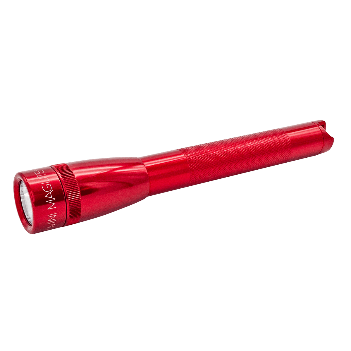 Red Maglite Pro LED pocket flashlight with knurled grip shown in close up