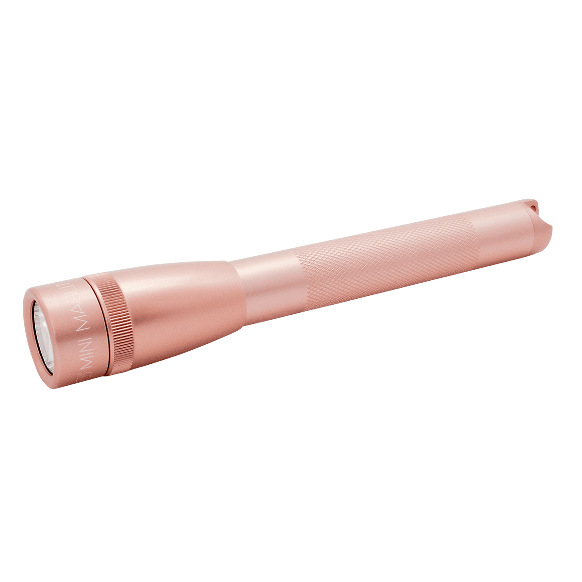 Soft pink Maglite Pro LED pocket flashlight with knurled grip close up
