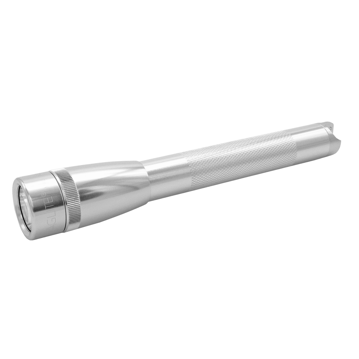 Silver Maglite Pro LED pocket flashlight with knurled grip shown diagonally against a green background.