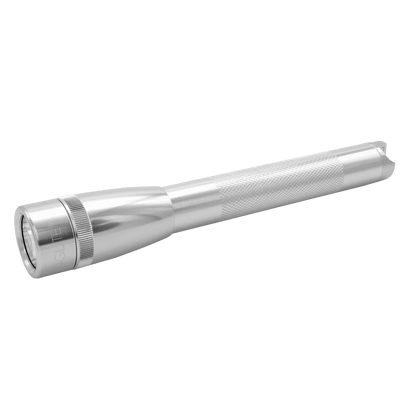 Silver Maglite Pro LED pocket flashlight with knurled grip shown diagonally against a green background.