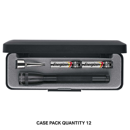 Mini Maglite LED 2AAA flashlight with two AAA batteries and a small tool arranged in a foam case.