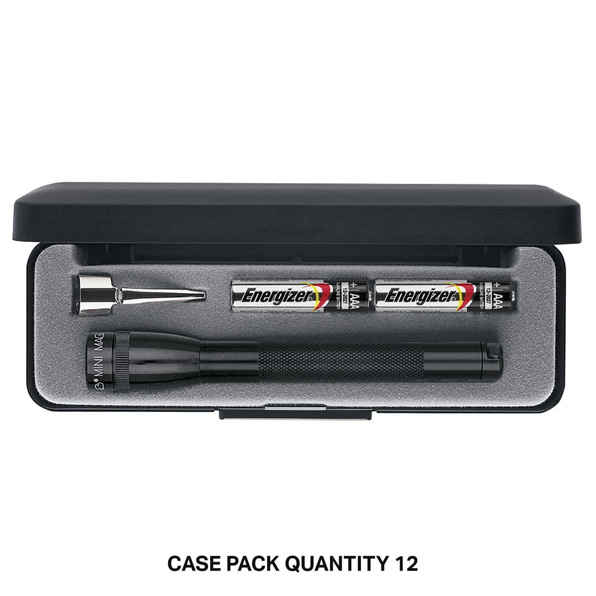 Open travel case showing a Mini Maglite 2AAA Classic flashlight and two AAA batteries in foam