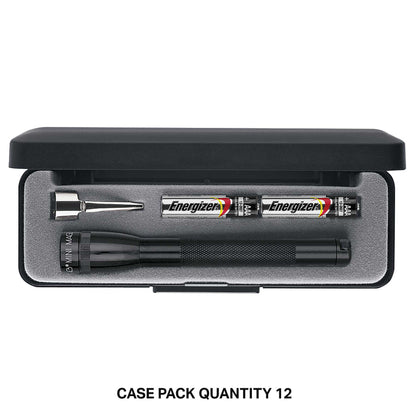 Open travel case showing a Mini Maglite 2AAA Classic flashlight and two AAA batteries in foam