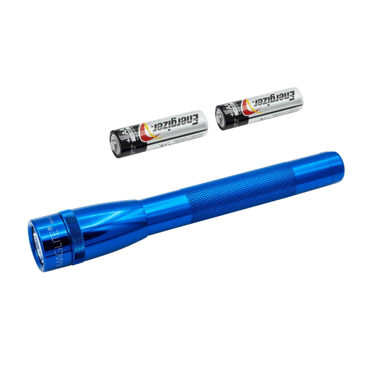 Blue Maglite LED flashlight with Energizer AA batteries in a black case
