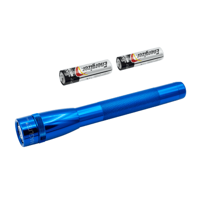 Blue Maglite LED flashlight with Energizer AA batteries in a black case