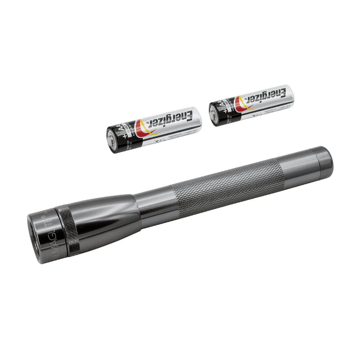 Two Energizer Max AA batteries and part of the Maglite flashlight on a white background