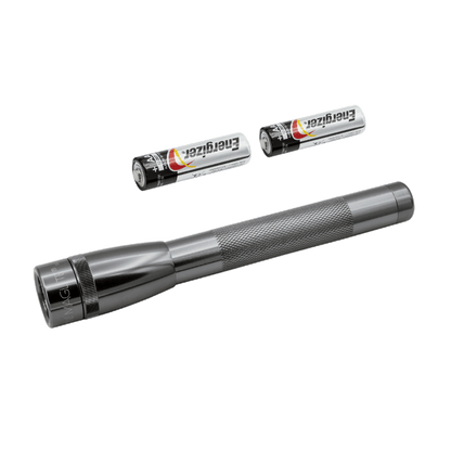 Two Energizer Max AA batteries and part of the Maglite flashlight on a white background