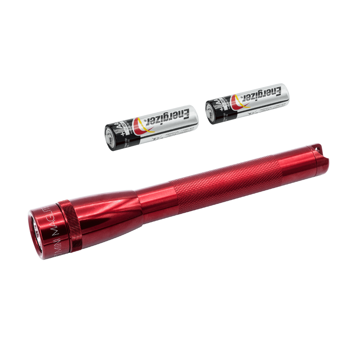 Two Energizer AA batteries with a portion of the red Mini Maglite flashlight visible on a white background.