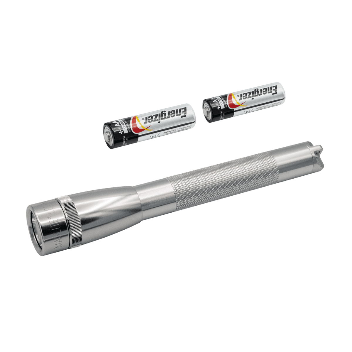 Two Energizer AA batteries next to the silver Mini Maglite flashlight