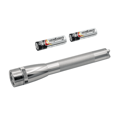 Two Energizer AA batteries next to the silver Mini Maglite flashlight