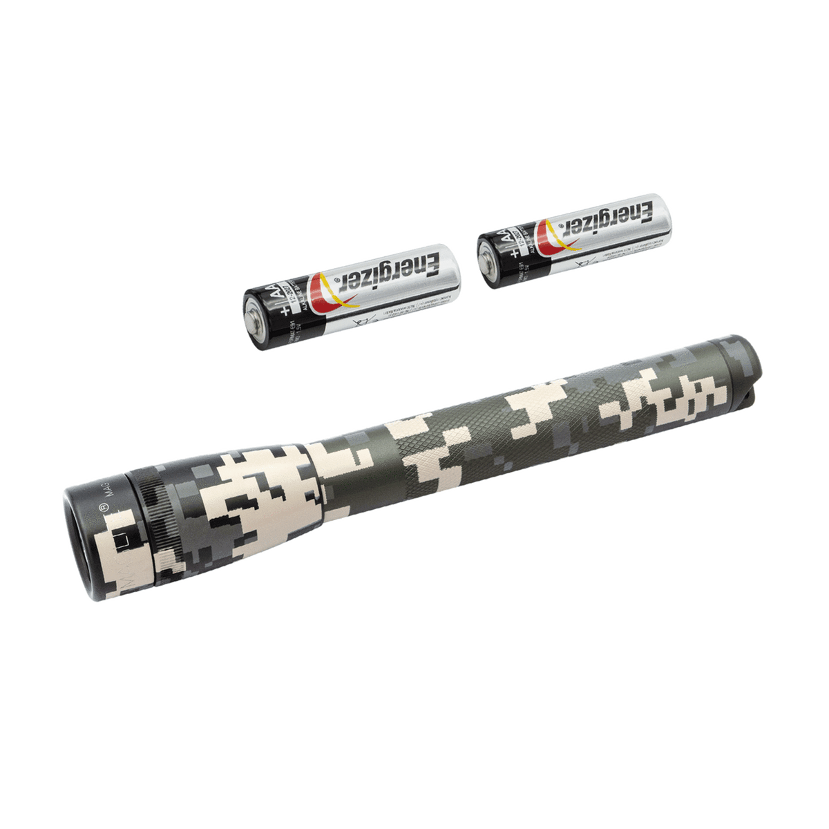 Digital camouflage Maglite flashlight body with two Energizer AA batteries nearby.