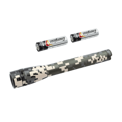 Digital camouflage Maglite flashlight body with two Energizer AA batteries nearby.